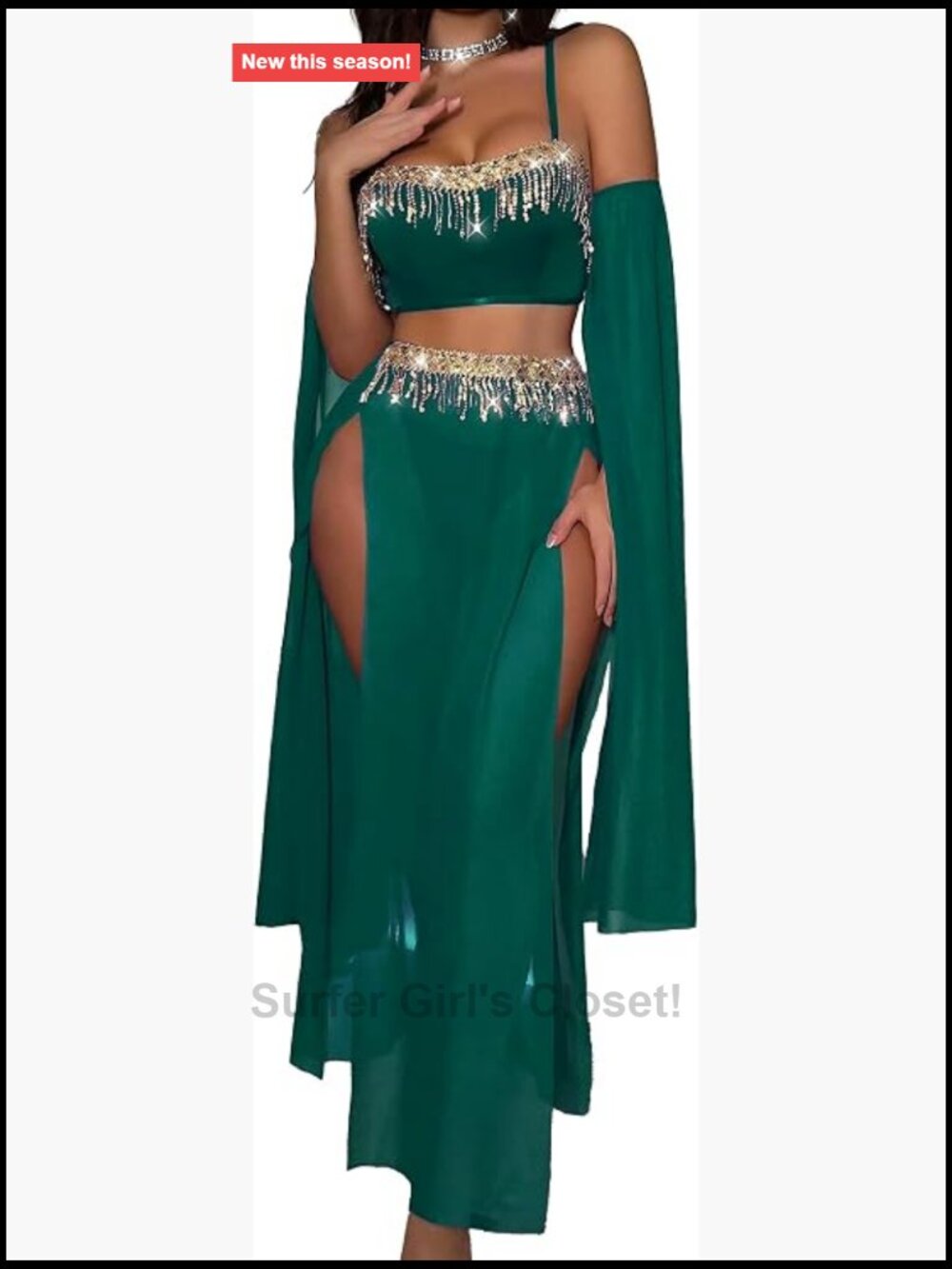 Sequin Fringe Belly Dance Costume High Slit Maxi Skirt Detachable Sleeves